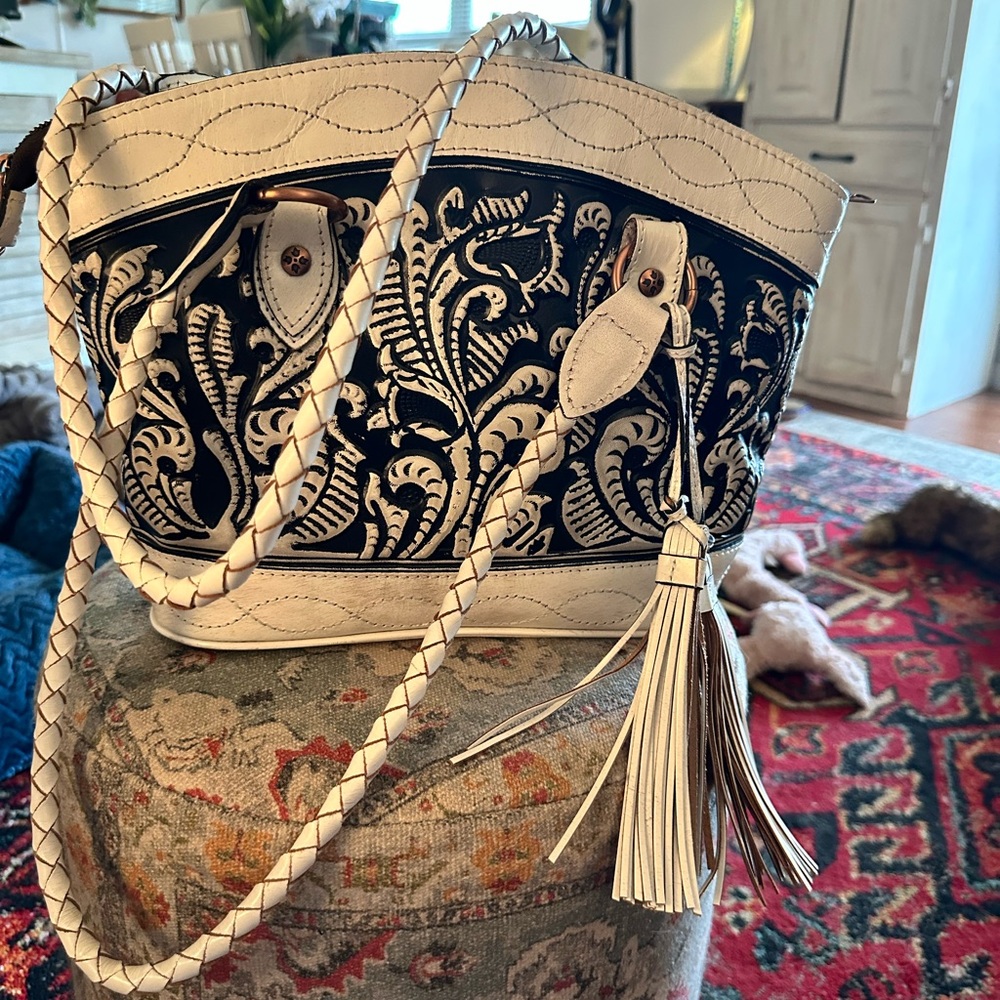 Patricia Nash Cream and Black Embossed Floral Tote with Braided Straps - Picture 8 of 11